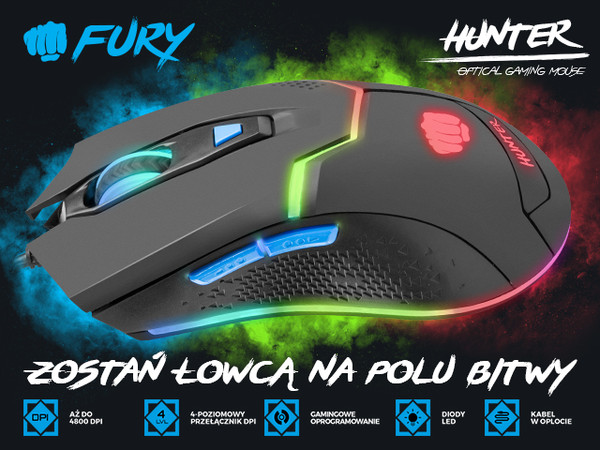 Mysz Dla Graczy Fury Hunter 4800dpi Optyczna Z Oprogramowaniem