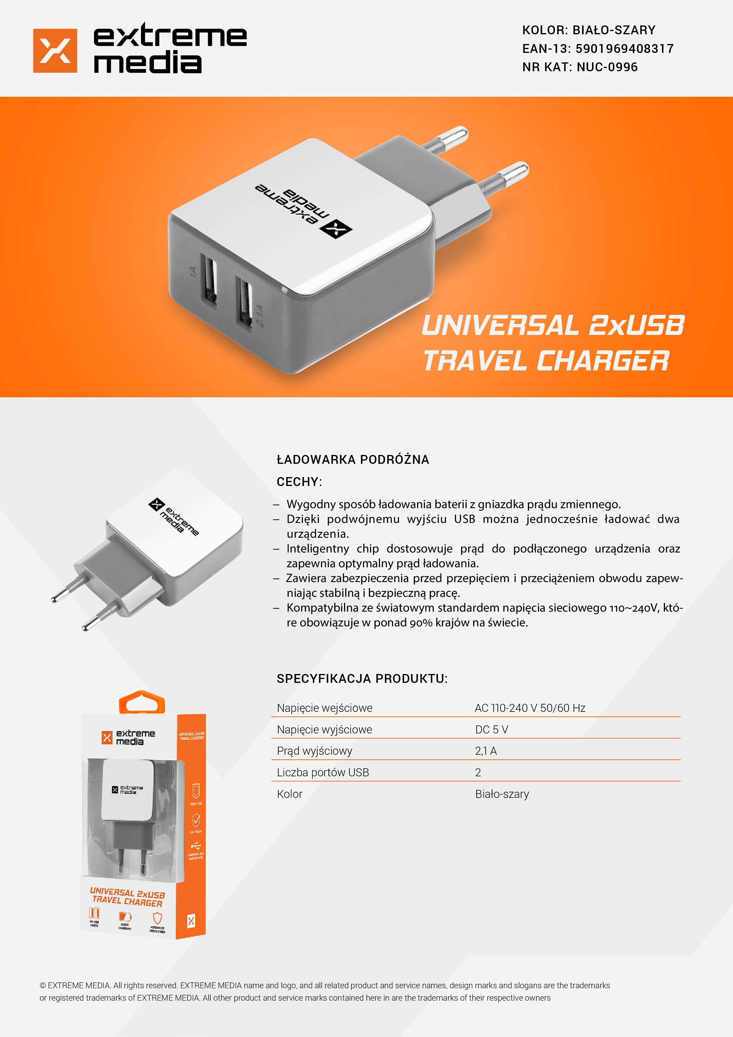 Ładowarka Adapter Napięcia 230v->USB 5V/2,1A 2-Porty Biało-Szara Blister Extreme Media