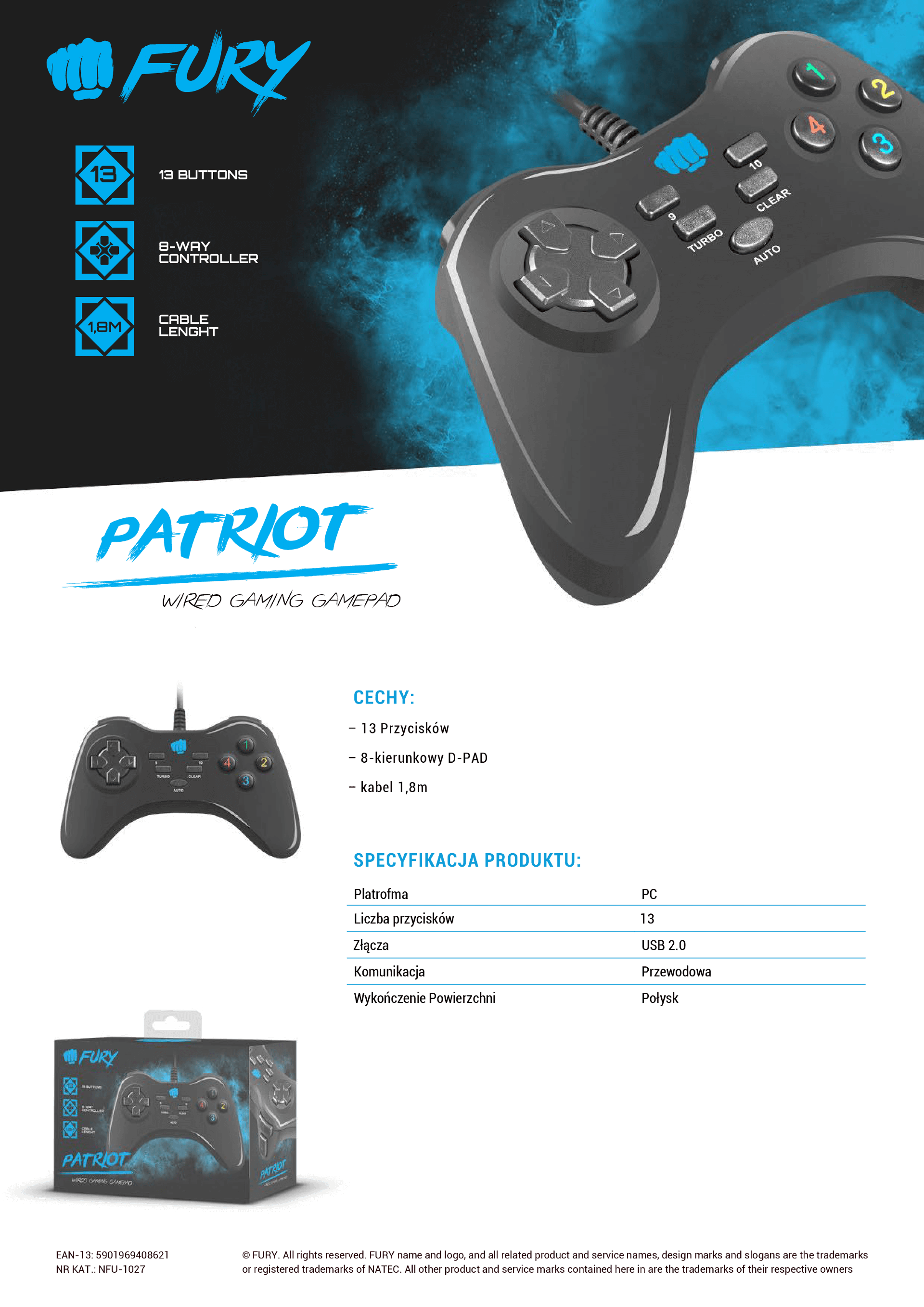 Gamepad Fury Patriot Przewodowy Do PC