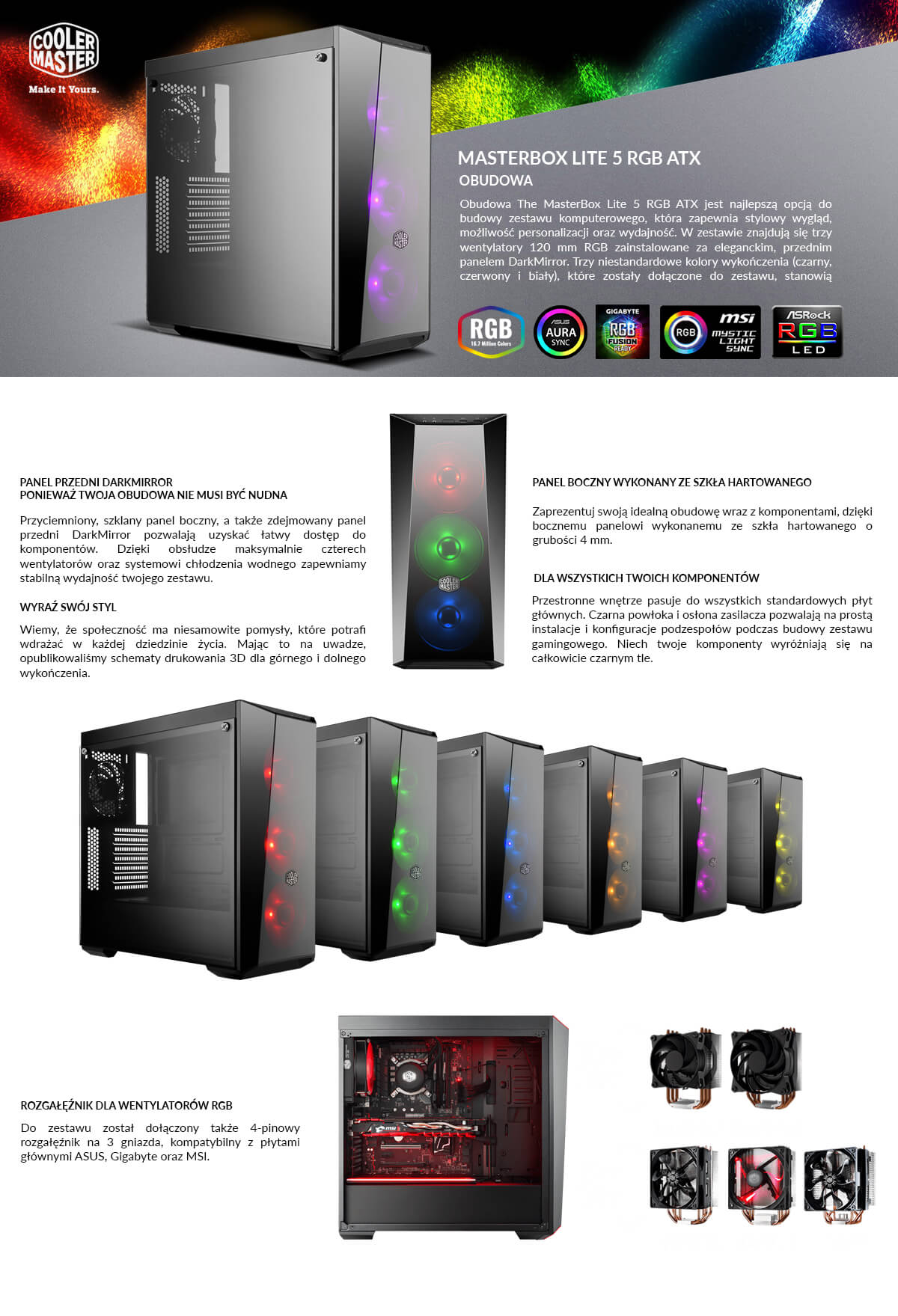 Obudowa Cooler Master Masterbox Lite 5 RGB Z Oknem Bez Zasilacza Wentylator Led RGB Kontroler