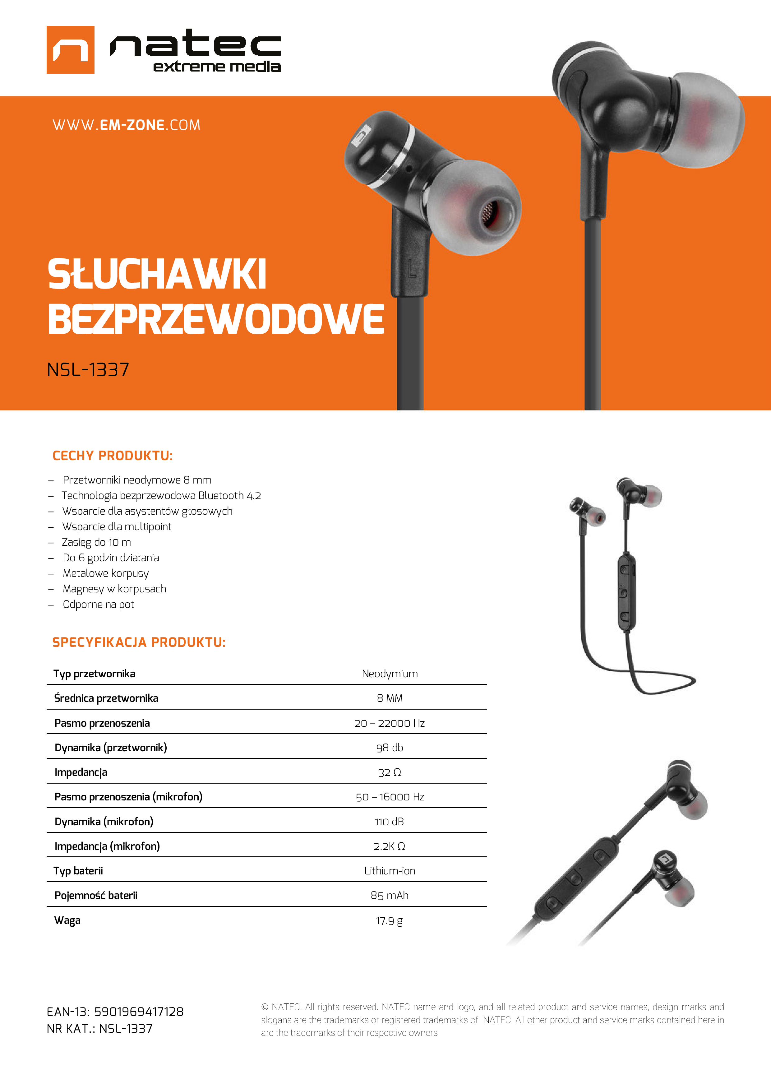 Słuchawki Dokanałowe Extreme Media Nsl-1337 Bezprzewodowe Z Mikrofonem Czarne NSL-1337