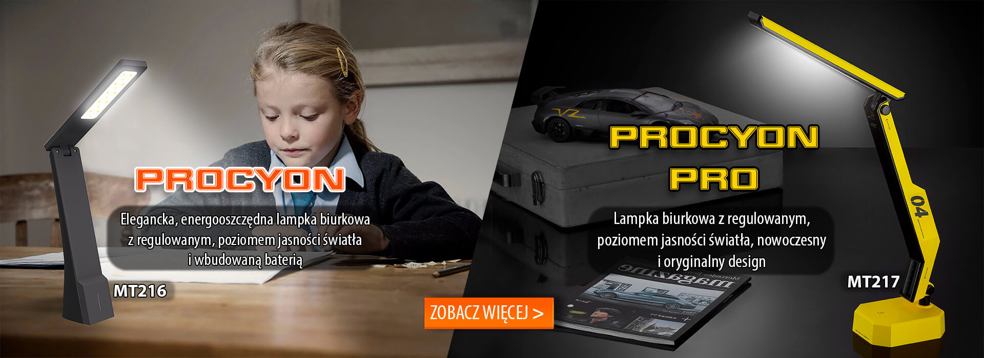 PROCYON PRO – Lampka biurkowa LED, 5W, 24 diody, 6 poziomów jasności, regulowana głowica i ramię MT217 banner