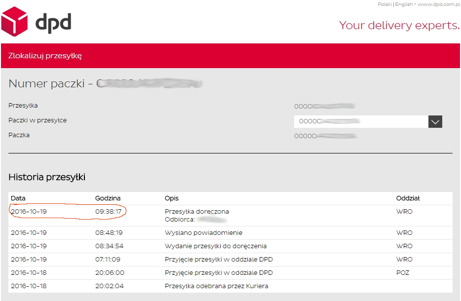 Klent odbiera paczkę następnego dnia o godzinie 9:38 w małej miejscowości 50km od Wrocławia: