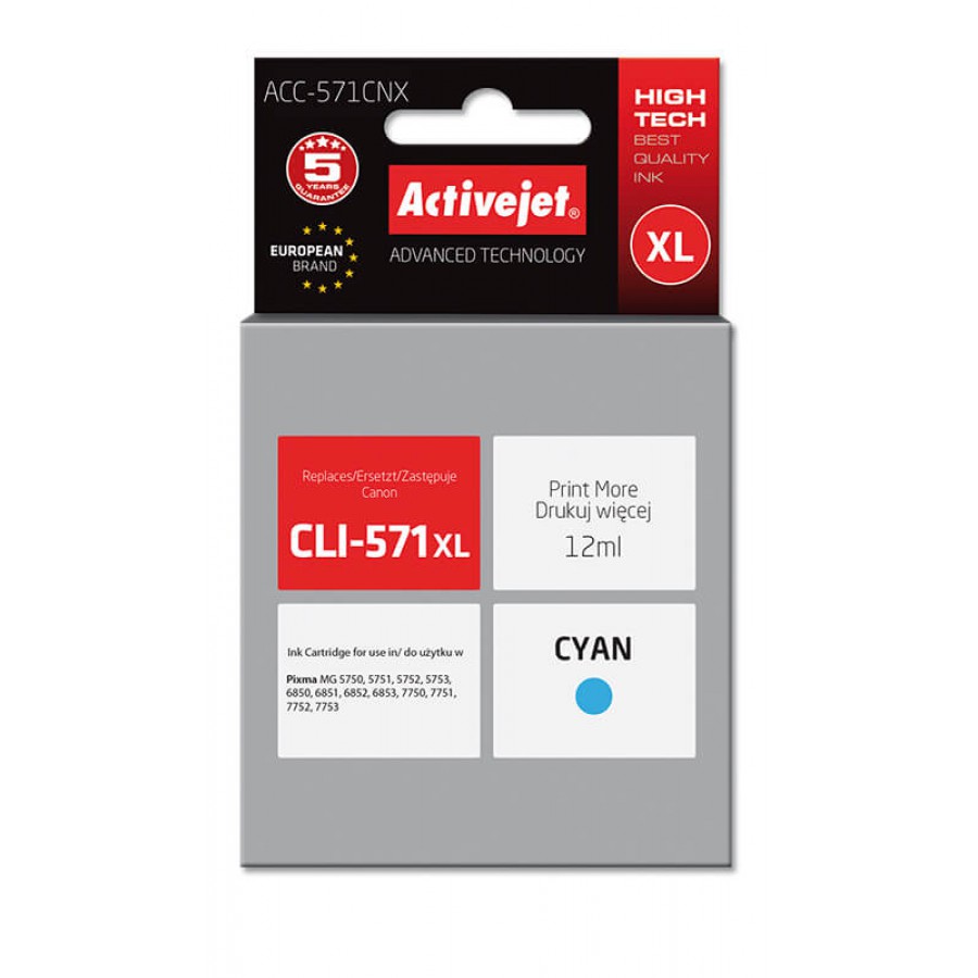 Activejet ACC-571CNX Tusz Cyan Do Drukarki Canon Zamiennik CLI-571C XL 12ml Chip