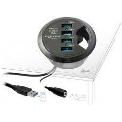 Hub USB 3.0 Delock 4-Porty Do Montażu W Blacie Biurka, Śr.60mm Aktywny + Zasilacz Czarny