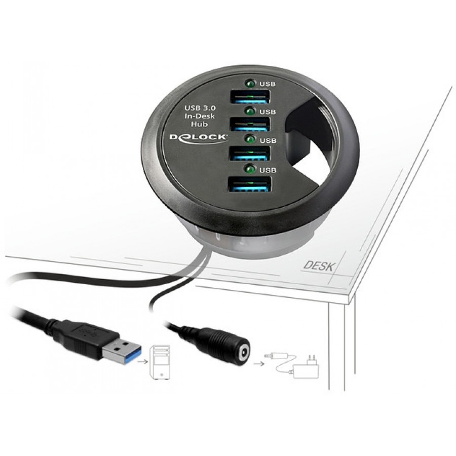 Hub USB 3.0 Delock 4-Porty Do Montażu W Blacie Biurka, Śr.60mm Aktywny + Zasilacz Czarny
