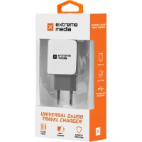 Ładowarka Adapter Napięcia 230v->USB 5V/2,1A 2-Porty Biało-Szara Box Extreme Media