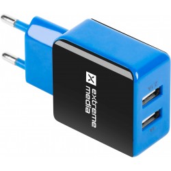 Ładowarka Adapter Napięcia 230v->USB 5V/2,1A 2-Porty Czarno-Niebieska Box Extreme Media