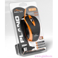 PLANO - Myszka optyczna 800 cpi, 3 przyciski, rolka, USB, gumowana pomarańczowa